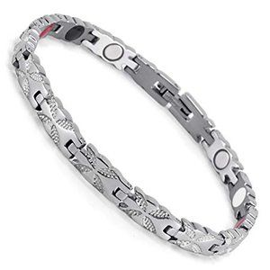 8" inch Magnetic Stainless Steel Bracelet For Women. Silver Tone Flower Design